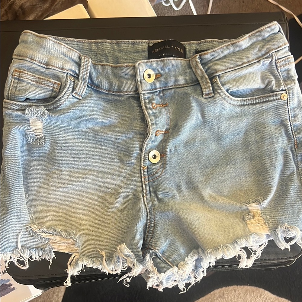 Kendall & Kylie Blue High-Waisted Jean Shorts with Distressed Frayed Hem
